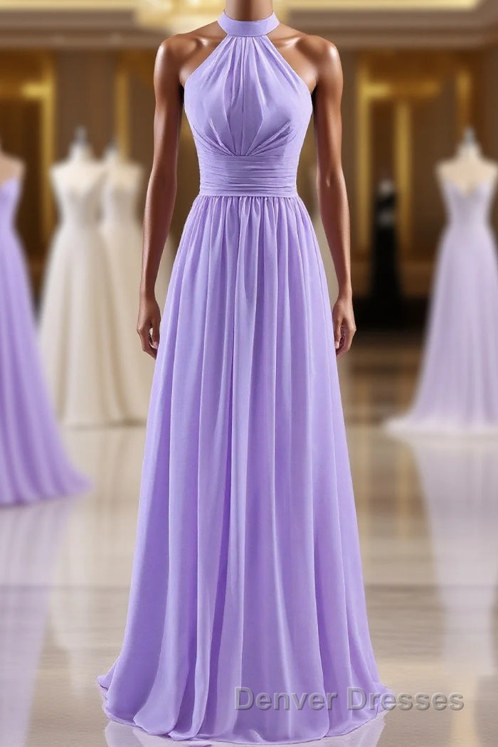 High Neck Lavender Chiffon Empire A-line Long Bridesmaid Dress Main image