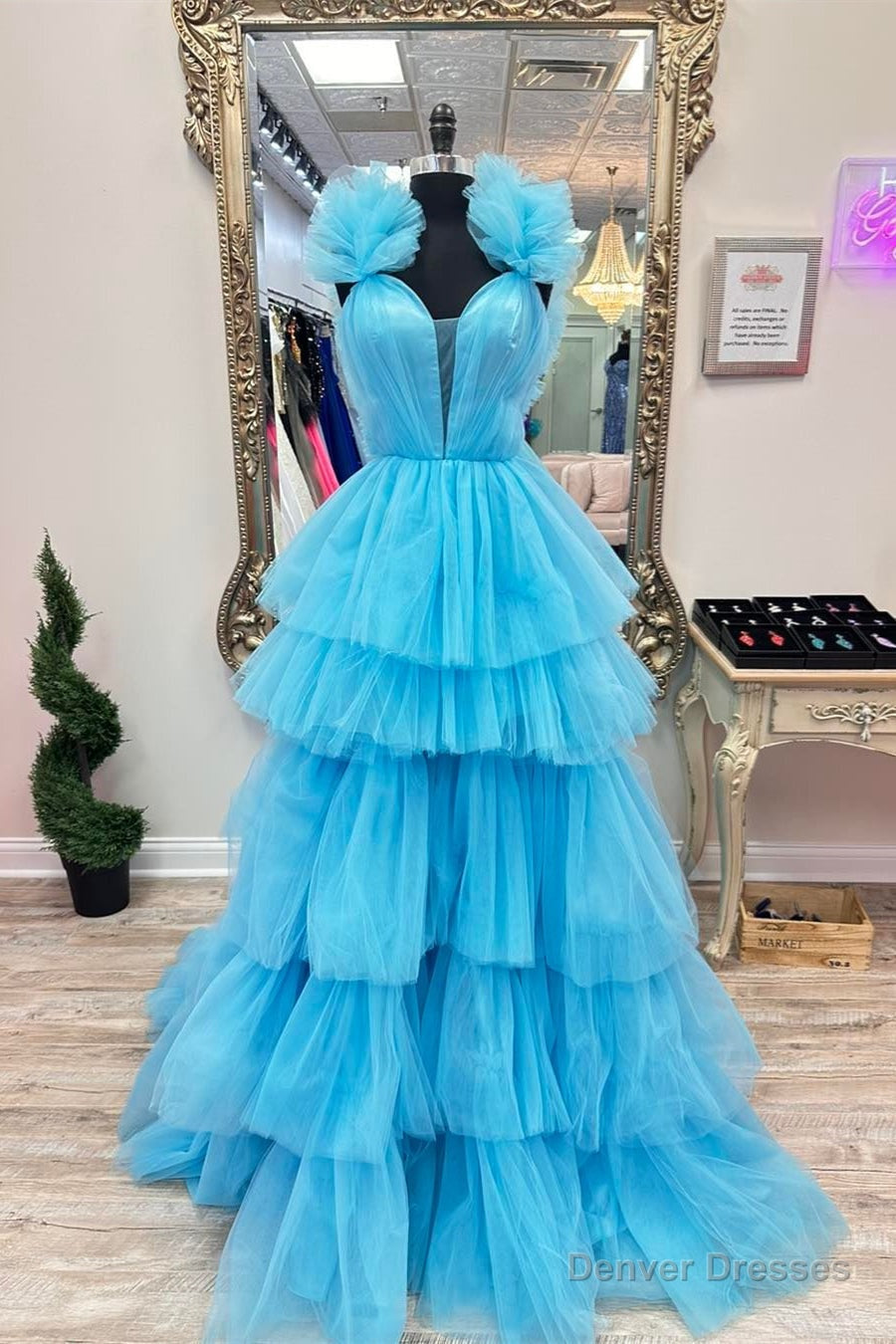 Blue Tulle Ruffles Multi-Layers Plunging V Neck Long Prom Dress Main image