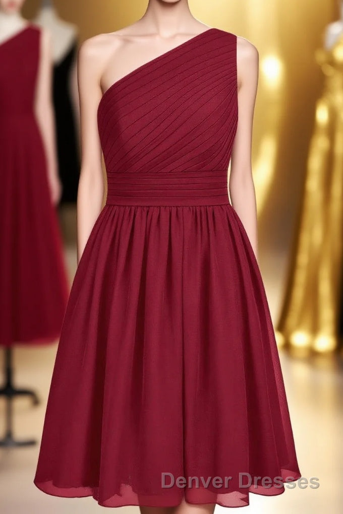 Wine Red Chiffon One-Shoulder Gathered Short Bridesmaid Dress Main image