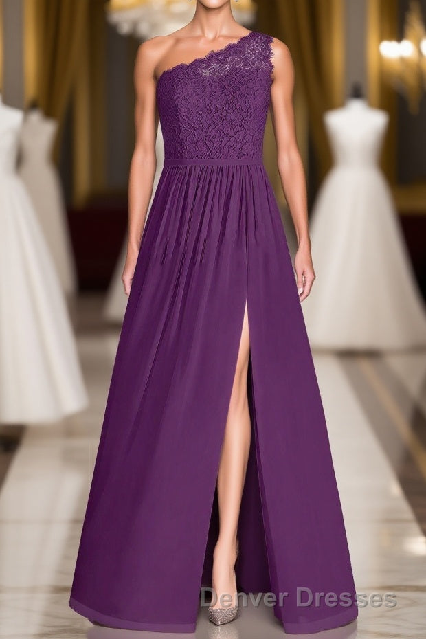 One-Shoulder Purple Lace A-Line Long Bridesmaid Dress with Slit