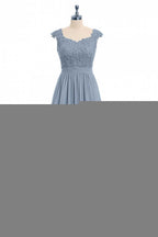 Dusty Blue Lace Cap Sleeve A-Line Floor-Length Bridesmaid Dress