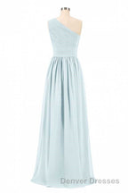 Dusty Blue Chiffon One-Shoulder Banded Waist Bridesmaid Dress