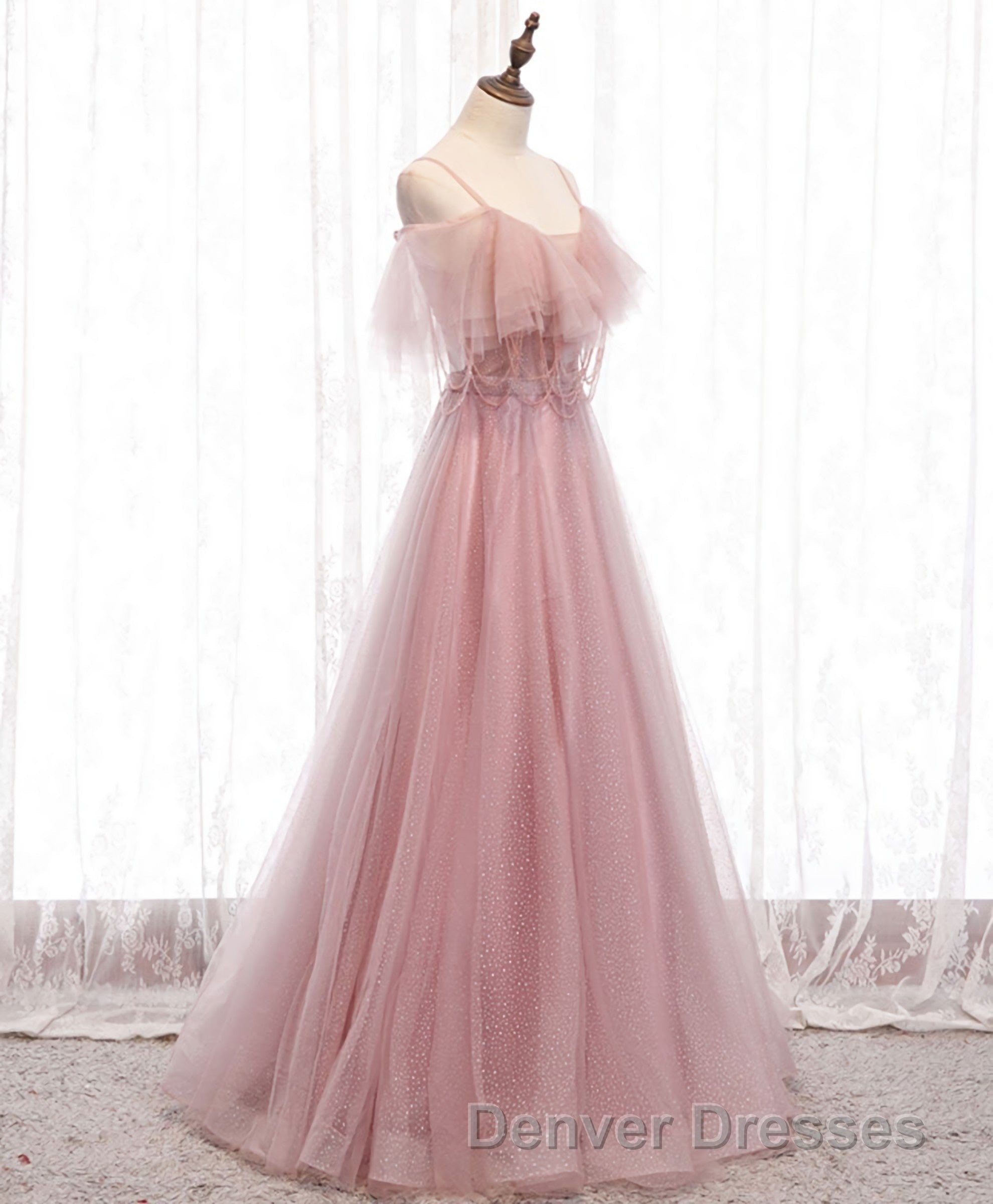 Pink Sweetheart Tulle Long Prom Dress, Pink Tulle Formal Dress, 1