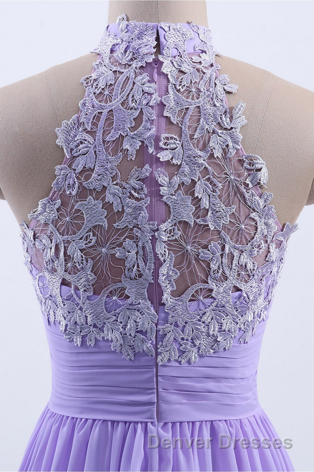 High Neck Lavender Chiffon Empire A-line Long Bridesmaid Dress