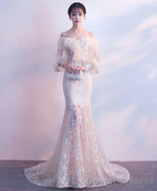 Champagne Tulle Lace Mermaid Long Prom Dress Tulle Lace Evening Dress