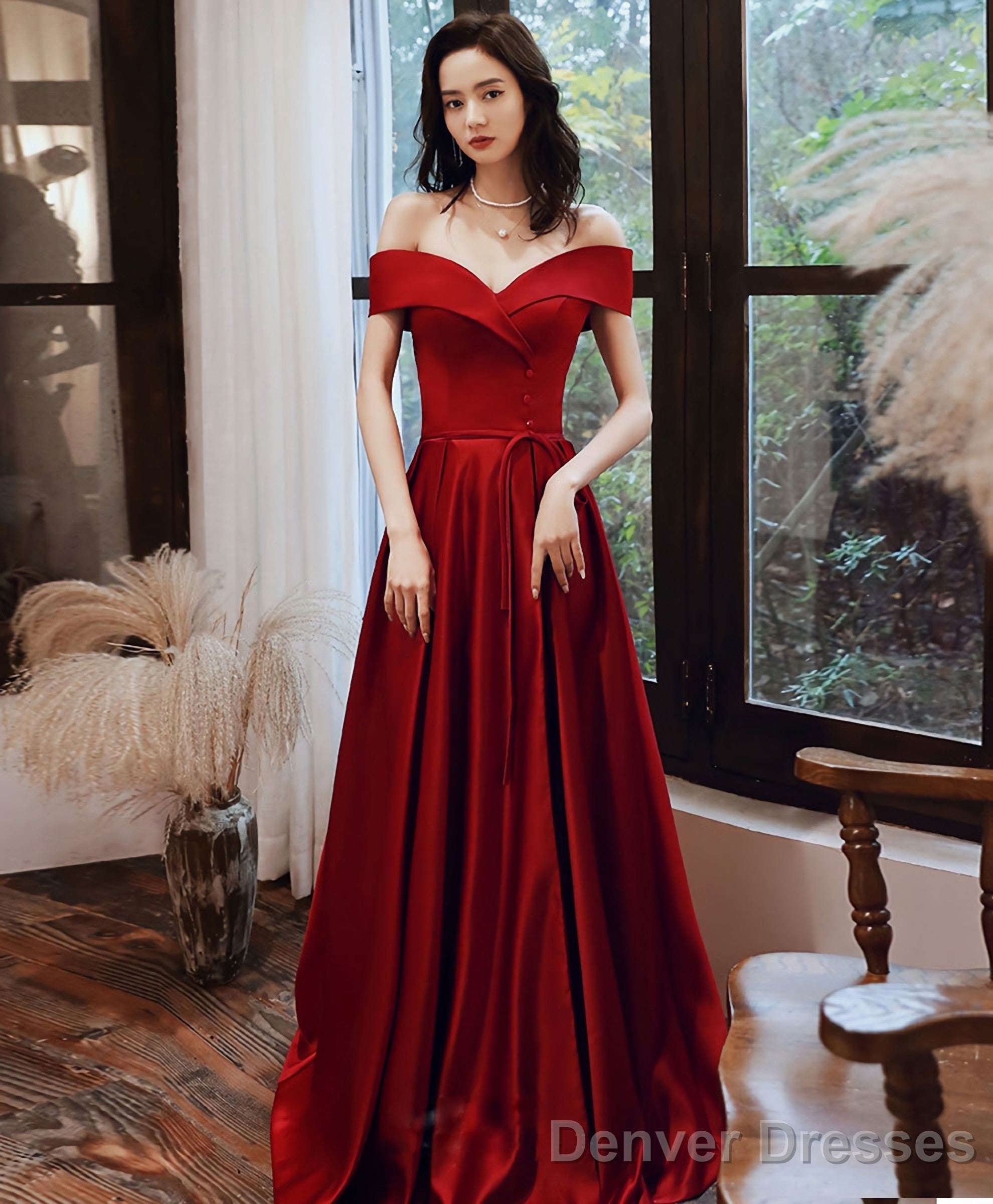 Simple V Neck Off Shoulder Satin Long Prom Dress Evening Dress Secondary image