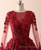 Burgundy Lace Satin Long Prom Dress, Burgundy Lace Evening Dress