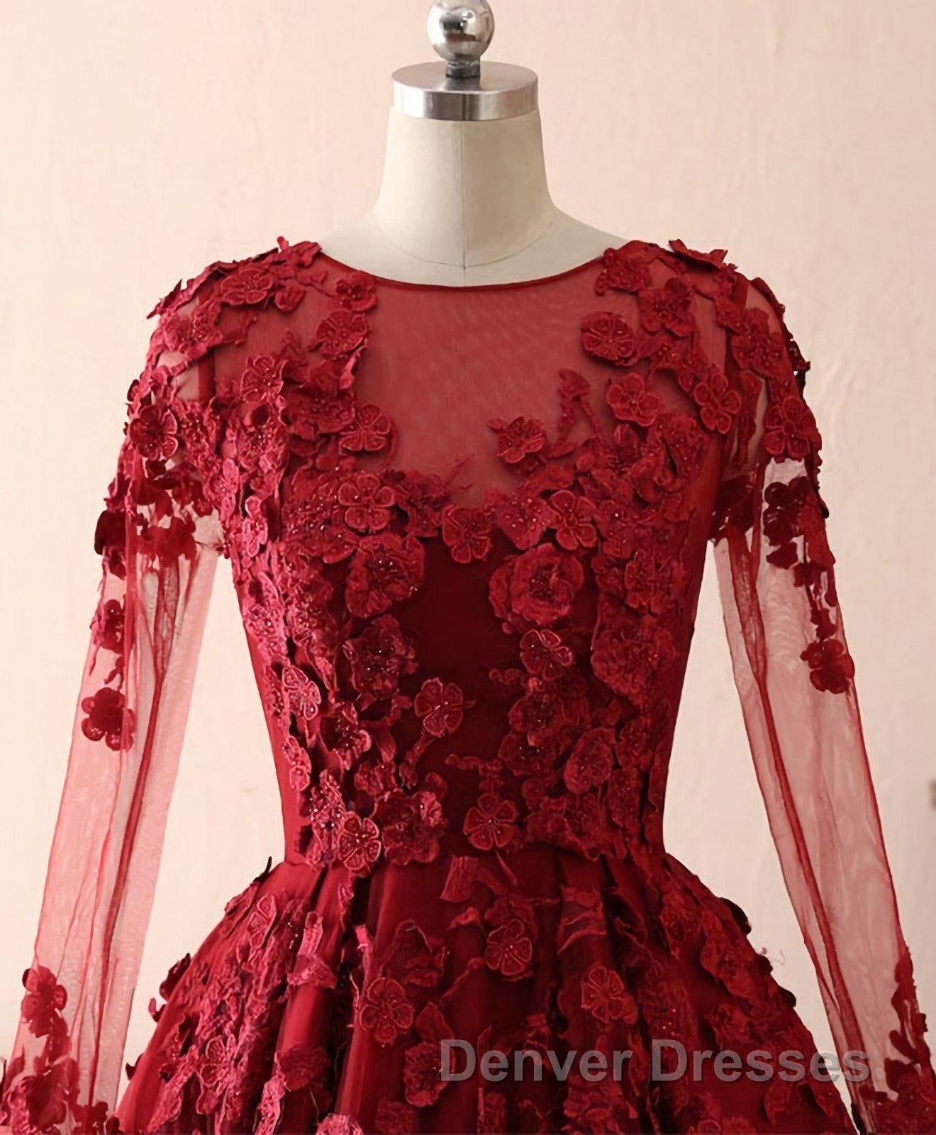 Burgundy Lace Satin Long Prom Dress, Burgundy Lace Evening Dress