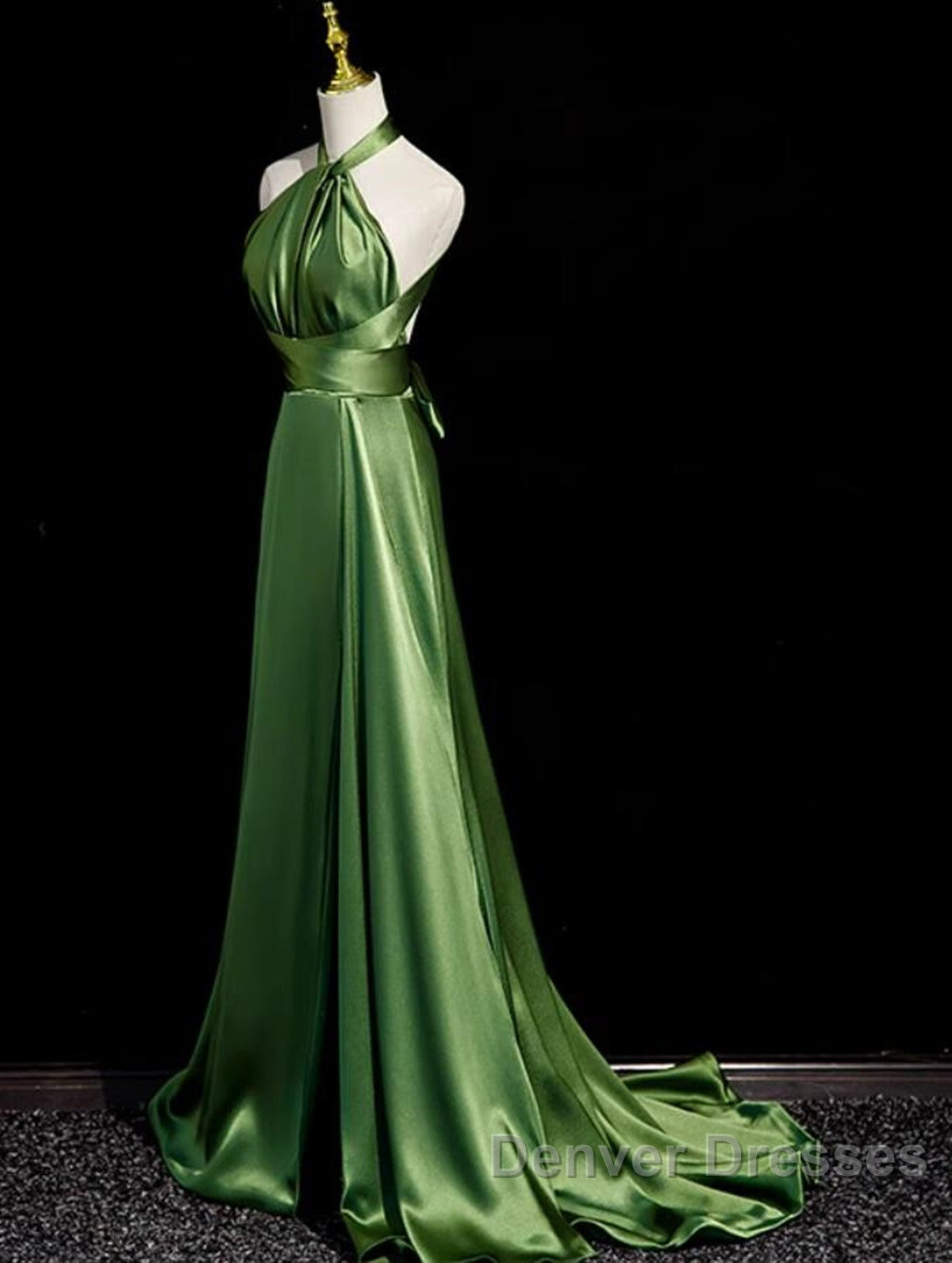 Green Soft Satin Halter Long Evening Dress Party Dress, Green A-line Prom Dress