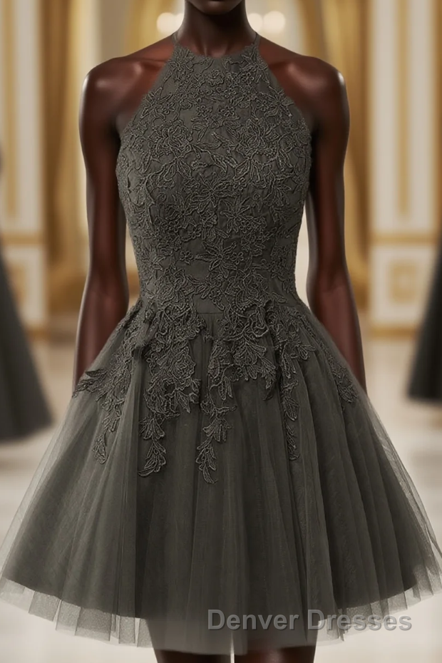 Black Halter Tulle With Lace Short Party Dress, Black Tulle Homecoming Dress Main image