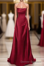A-Line Sleeveless Wine Red Satin Evening Dress, Wine Red Long Prom Dress