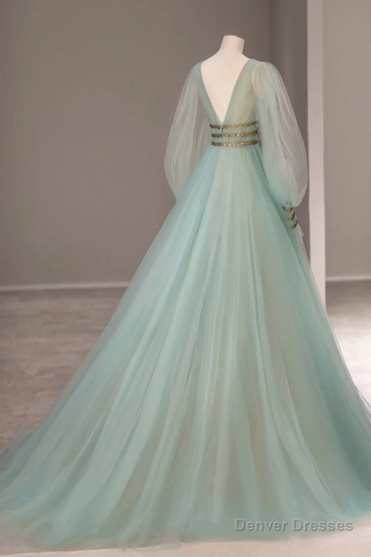 Green V-Neck Tulle Long Prom Dress, Long Sleeve Evening Dress Main image