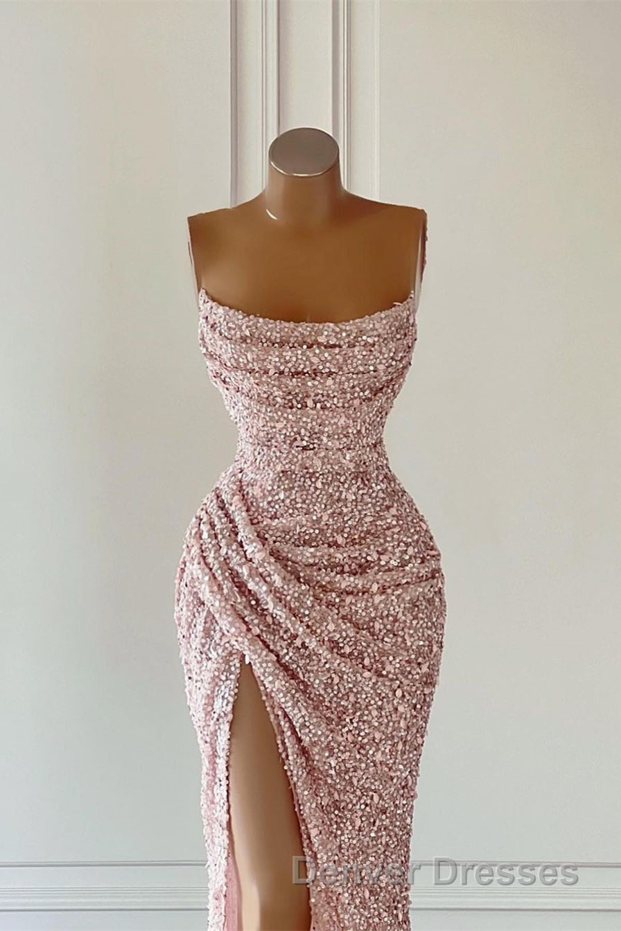 New Arrival Pink Sequins Sleeveless Evening Dress With Split