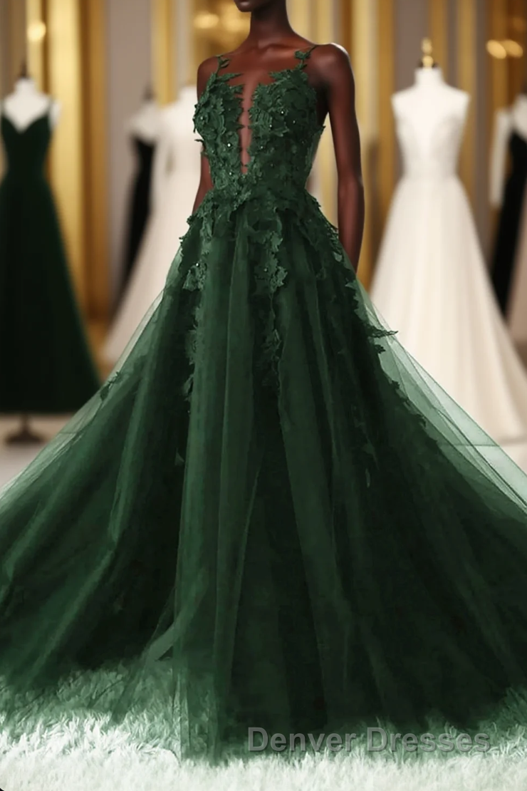 Green A-Line Tulle With Lace Low Back Prom Dress, Green Tulle Evening Dress Party Dress Main image