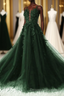 Green A-Line Tulle With Lace Low Back Prom Dress, Green Tulle Evening Dress Party Dress