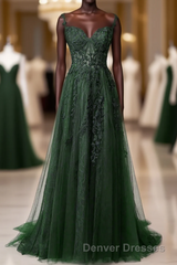 Dark Green Tulle With Lace Beaded Straps Prom Dress, Green Long Formal Dress Party Dress