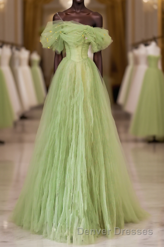 Green Floor Length Simple Off Shoulder Long Formal Dress, Green A-Line Prom Dress Main image
