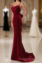 Wine Red Velvet Low Back Straps Long Party Dress, Wine Red Wedding Party Dress