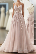 Pink Tulle With Lace Straps Long Party Dress, Pink Tulle Prom Dress Evening Dress