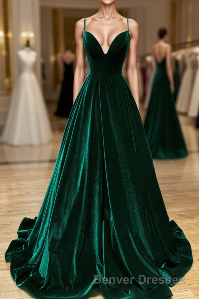 Green V-Neckline Straps Lace-Up A-Line Prom Dress, Green Velvet Long Prom Dress