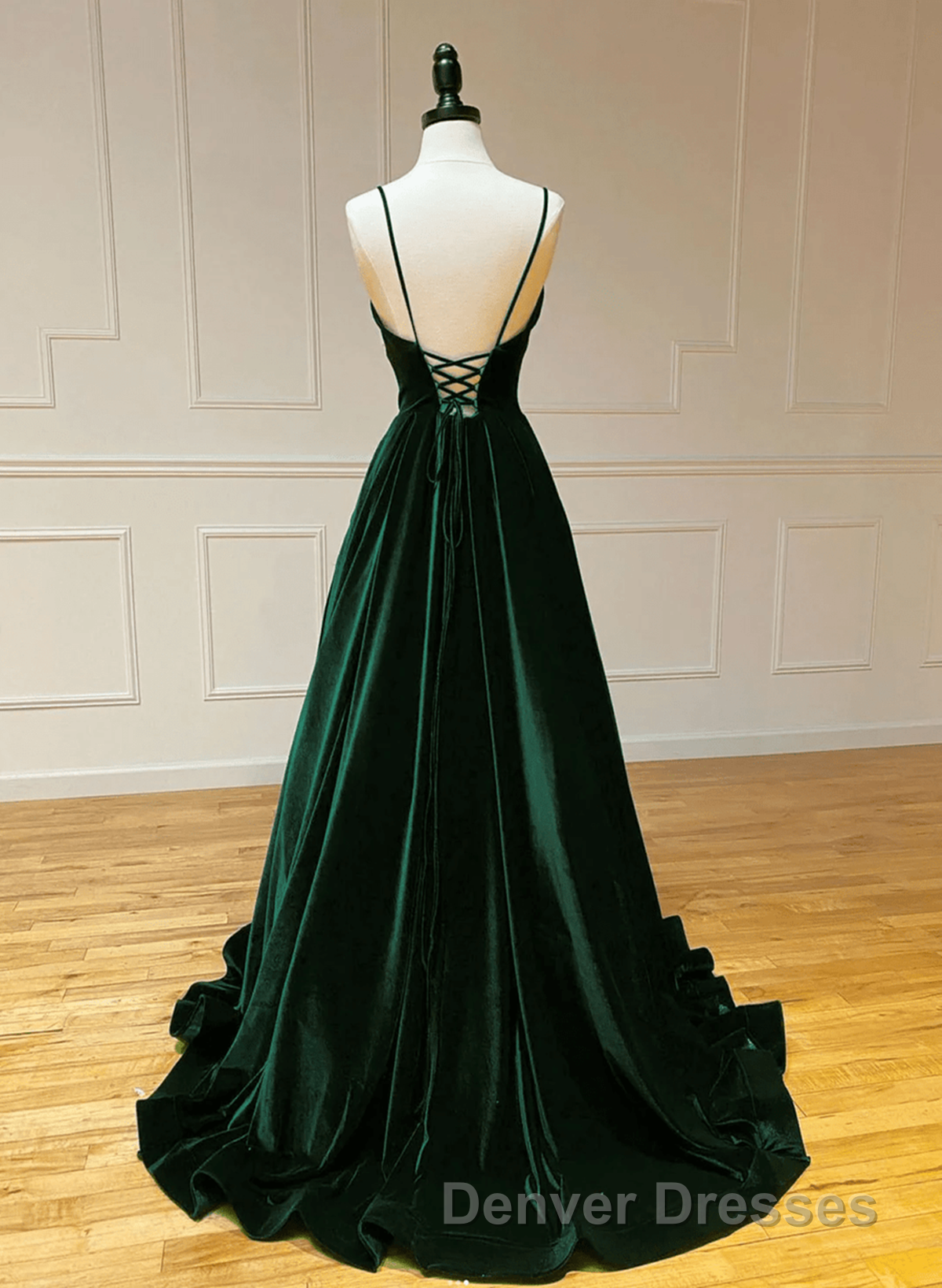 Green V-Neckline Straps Lace-Up A-Line Prom Dress, Green Velvet Long Prom Dress Secondary image