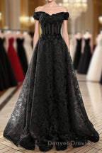 A-Line Off Shoulder Black Tulle With Lace Party Dress, Black Long Prom Dress