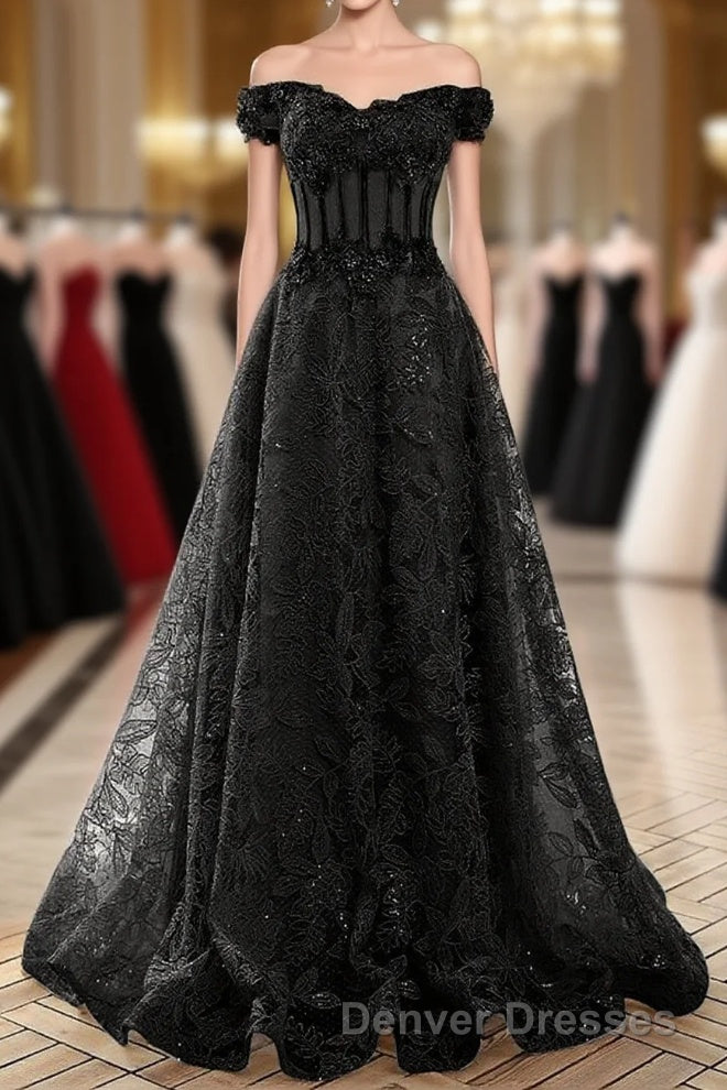 A-Line Off Shoulder Black Tulle With Lace Party Dress, Black Long Prom Dress
