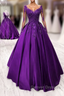 Purple Satin Long Sleeves Prom Dress Formal Dress, Lace Applique Sweet 16 Dress