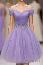 Purple Off Shoulder Tulle Sequin Prom Dress, Purple Homecoming Dress