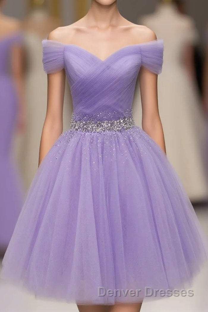 Purple Off Shoulder Tulle Sequin Prom Dress, Purple Homecoming Dress