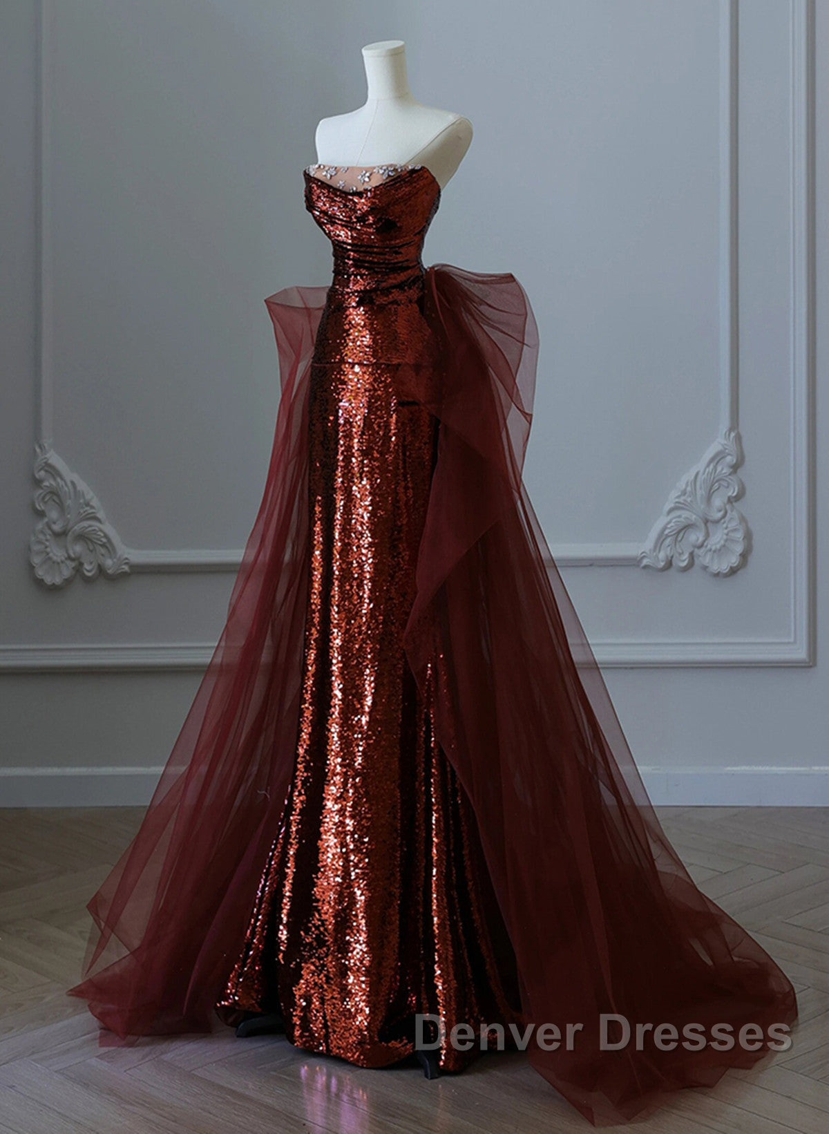 Wine Red Sequins and Tulle Beaded Long Party Dress, Wine Red Evening Dress Secondary image