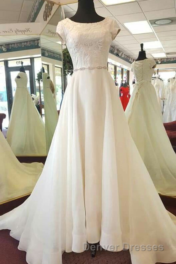 Delicate Round Neck Short Sleeves Sweep Train Lace Appliques Wedding Dress Secondary image