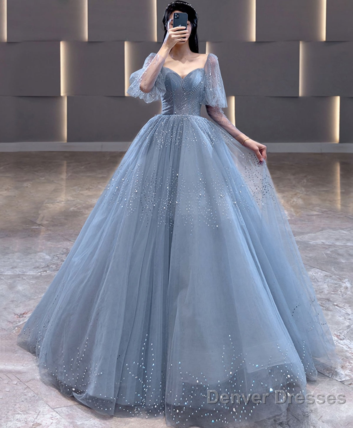 Blue V Neck Tulle Sequin Long Prom Dress, Blue Tulle Formal Dress, 1 Main image