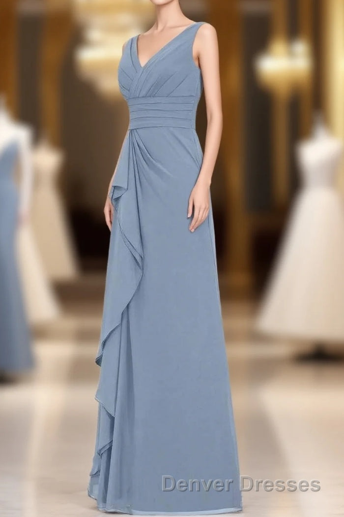Dusty Blue V-Neck Banded Waist Ruffled Long Bridesmaid Dress Main image