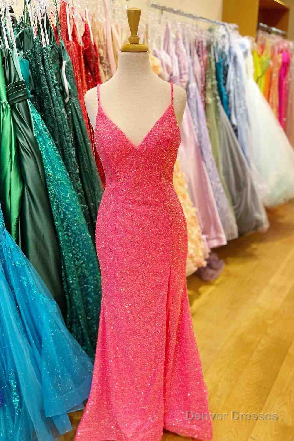 Hot Pink Mermaid V Neck Sequins Crossed Back Long Prom Dress with Slit Main image