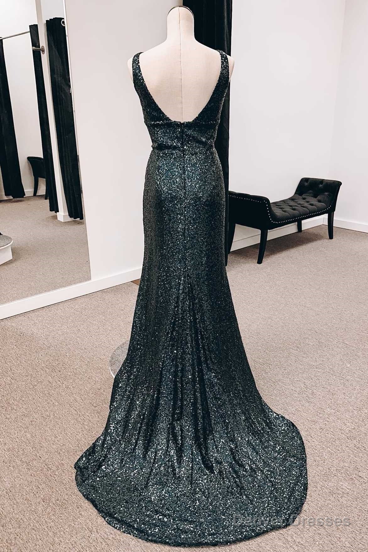 Black Sequin Square Neck Backless Mermaid Long Formal Dress with Slit Secondary image