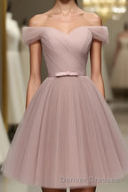 Simple V Neck Tulle Off Shoulder Short Prom Dress, Pink Homecoming Dress