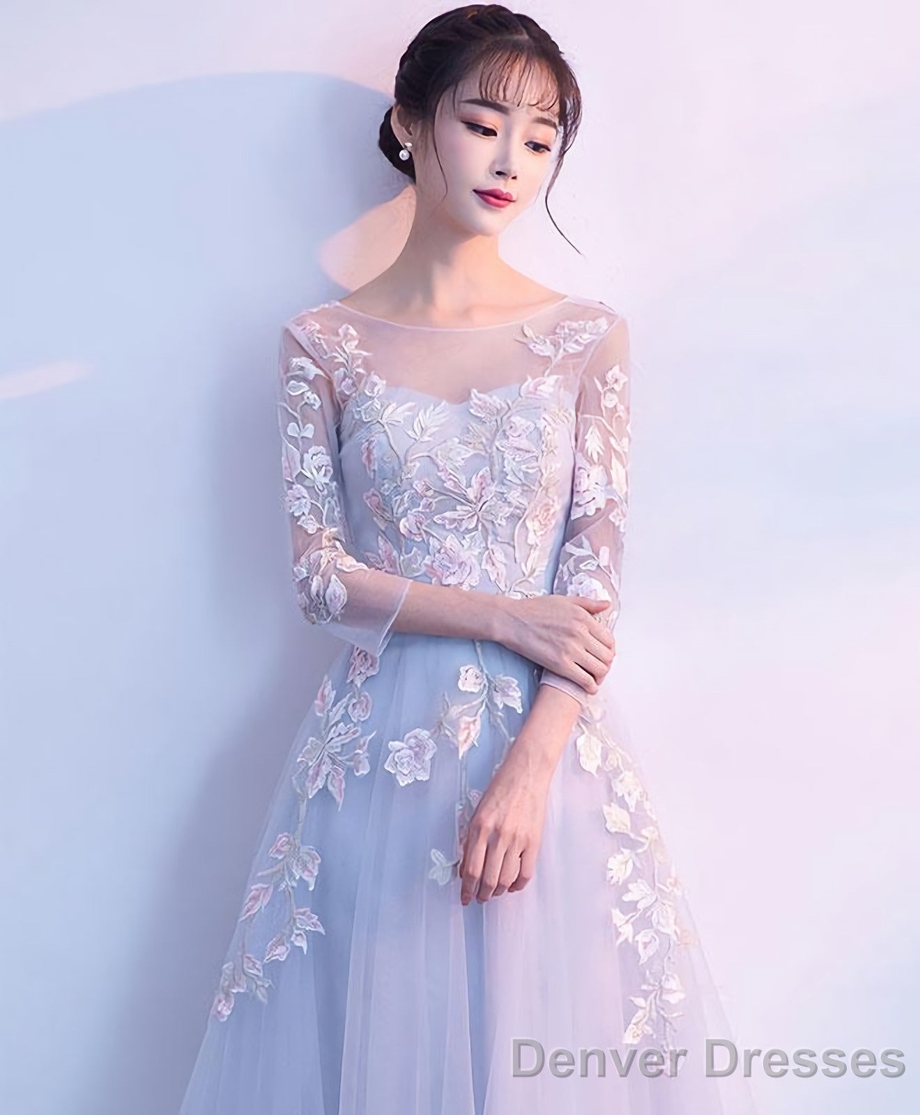 Gray Round Neck Tulle Lace Applique Long Prom Dress Gray Evening Dress