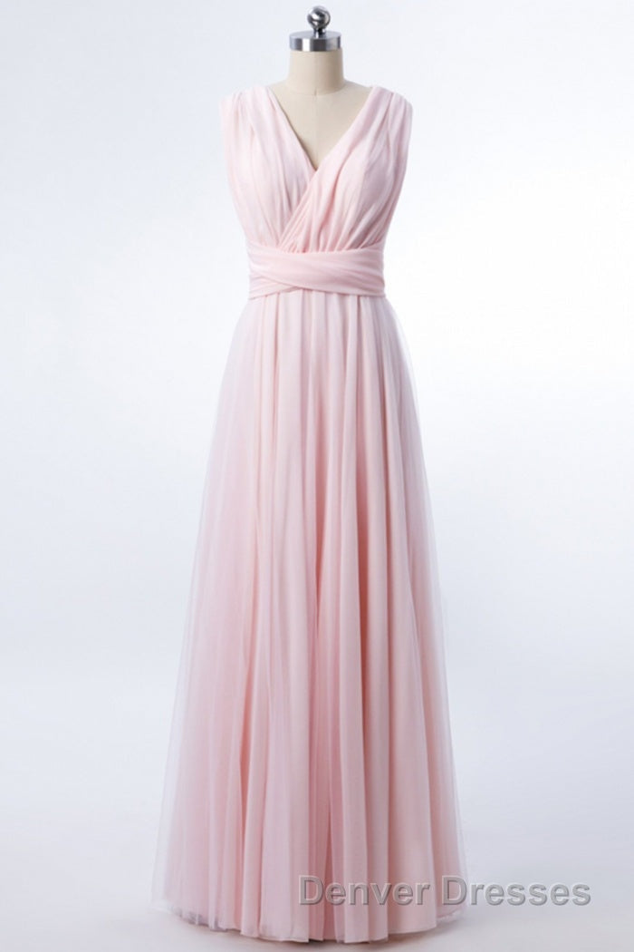Blush Pink V-Neck Lace-Up A-Line Bridesmaid Dress