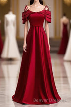 Burgundy Satin Beads Long Prom Dress, Burgundy Evening Dress