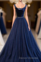 Dark Blue Tulle Long Prom Dress, Dark Blue Tulle Evening Dress