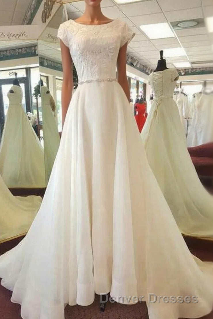 Delicate Round Neck Short Sleeves Sweep Train Lace Appliques Wedding Dress Main image