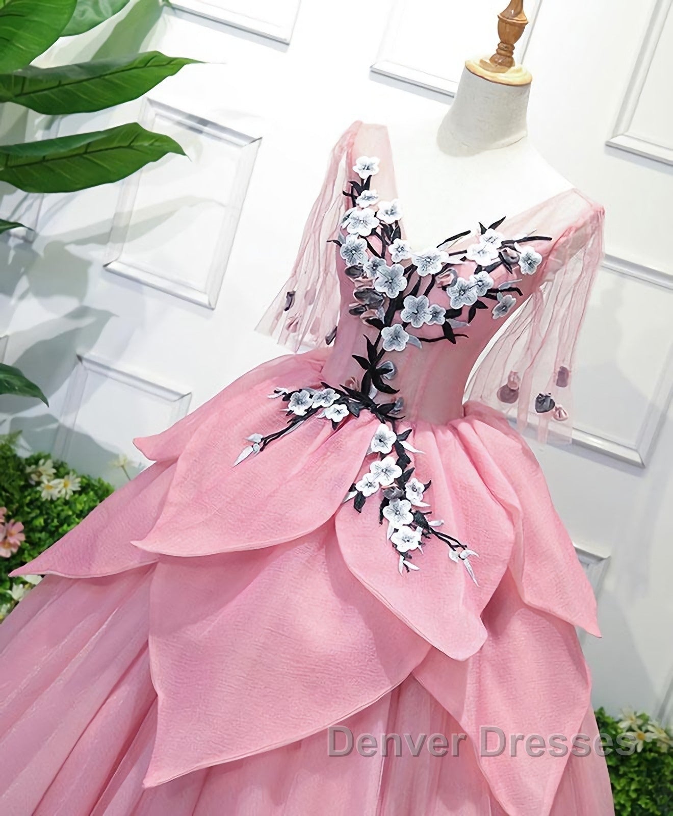 Pink V Neck Tulle Lace Applique Long Prom Dress, Pink Evening Dress, 1