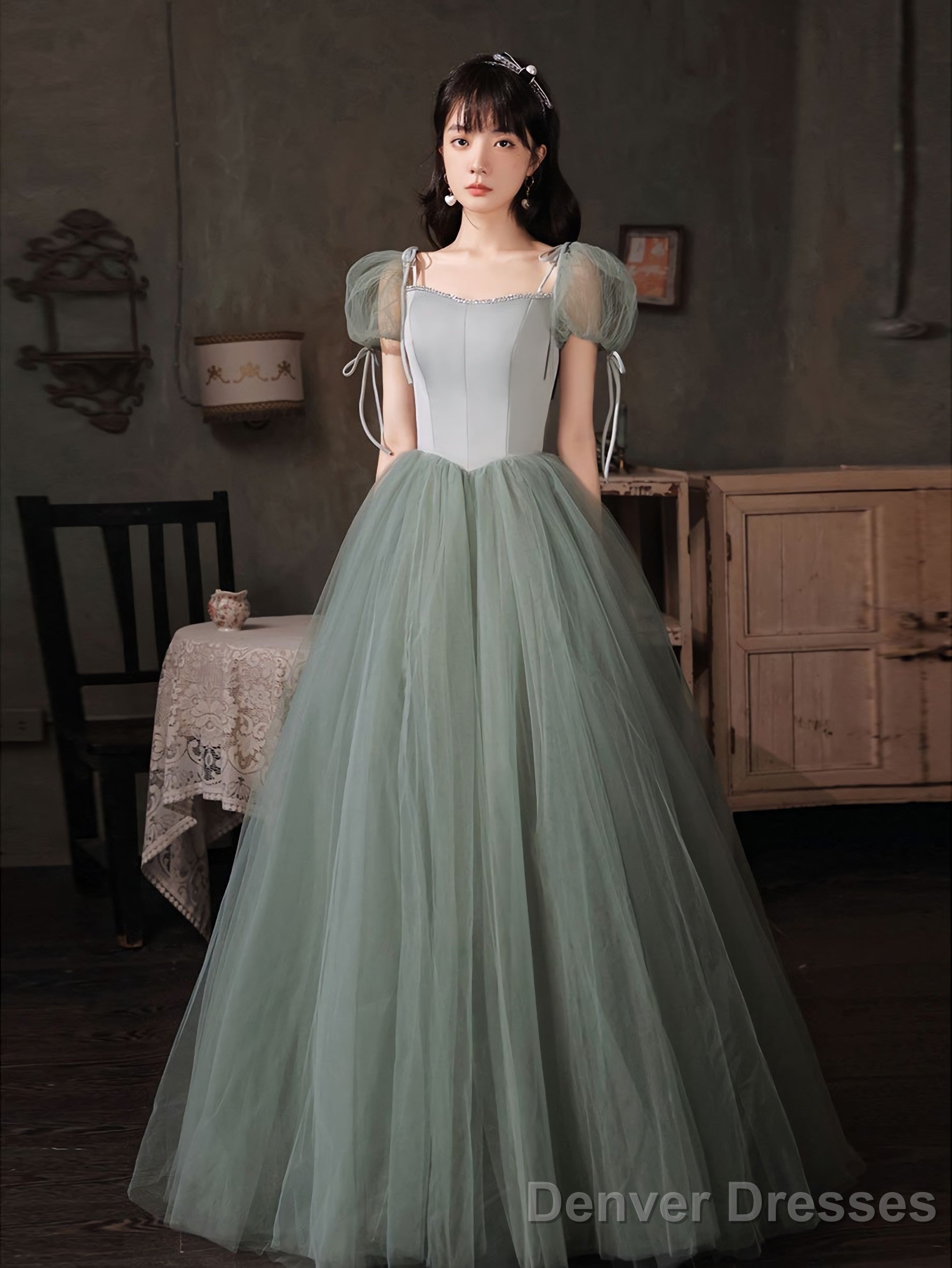 Gray Green Tulle Long Prom Dress Green Tulle Formal Dress Main image