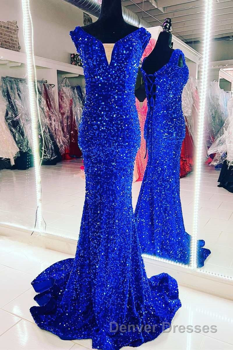 Blue Sequin V-Neck Lace-Up Mermaid Long Formal Dress Secondary image