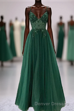 Green V-Neckline Beaded Tulle Floor Length Party Dress, A-Line Green Prom Dress