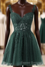 V-Neckline Dark Green Tulle With Lace Short Homecoming Dress, Green Short Prom Dress