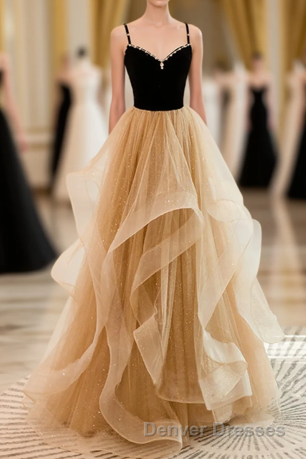 A-Line Champagne Tulle Sweetheart Beaded Long Prom Dress, Tulle Layers Party Dress Main image