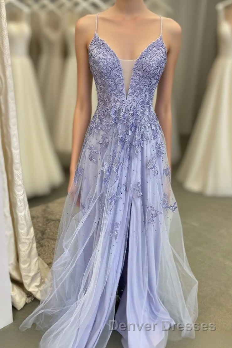 Lavender Tulle V-Neckline Long Party Dress, Lavender Straps Prom Dress Formal Dress Main image
