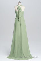 Halter Sage Pleated Ruffles Long Bridesmaid Dress
